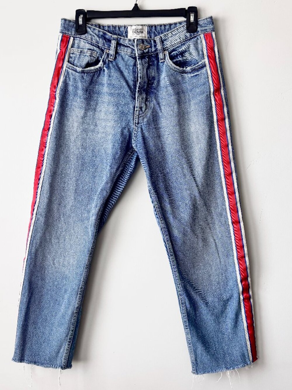 ZARA Authentic Denim TRF Medium Wash Side Stripe Straight Cropped Jeans 6
